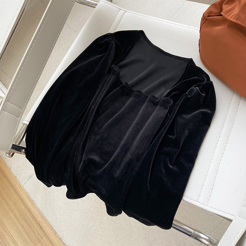 Black Long-Sleeved Golden Velvet Square Neck Shirt Light Mature Design Feel Puff Sleeve Exposed