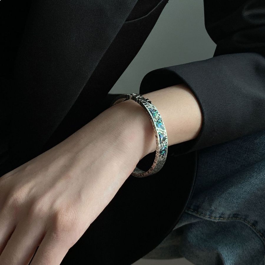 Magnetic Gaming Headset Abalone Bracelet Open Cuff - Iridescent Paua Shell Silver Bangle