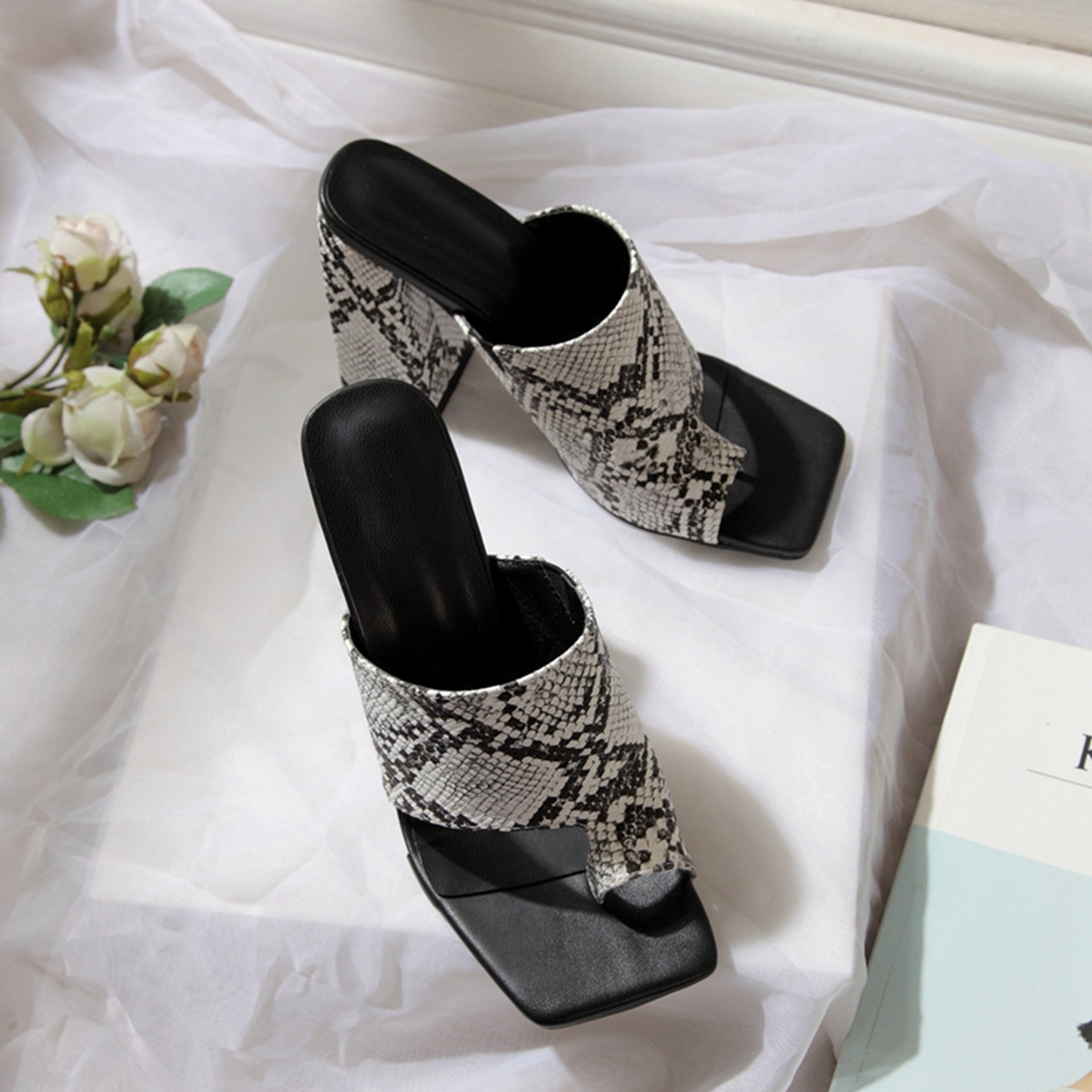 PL0031 Womens Square Toe Sandals Slip On Chunky Block High Heel Slides Backless Mule Shoes