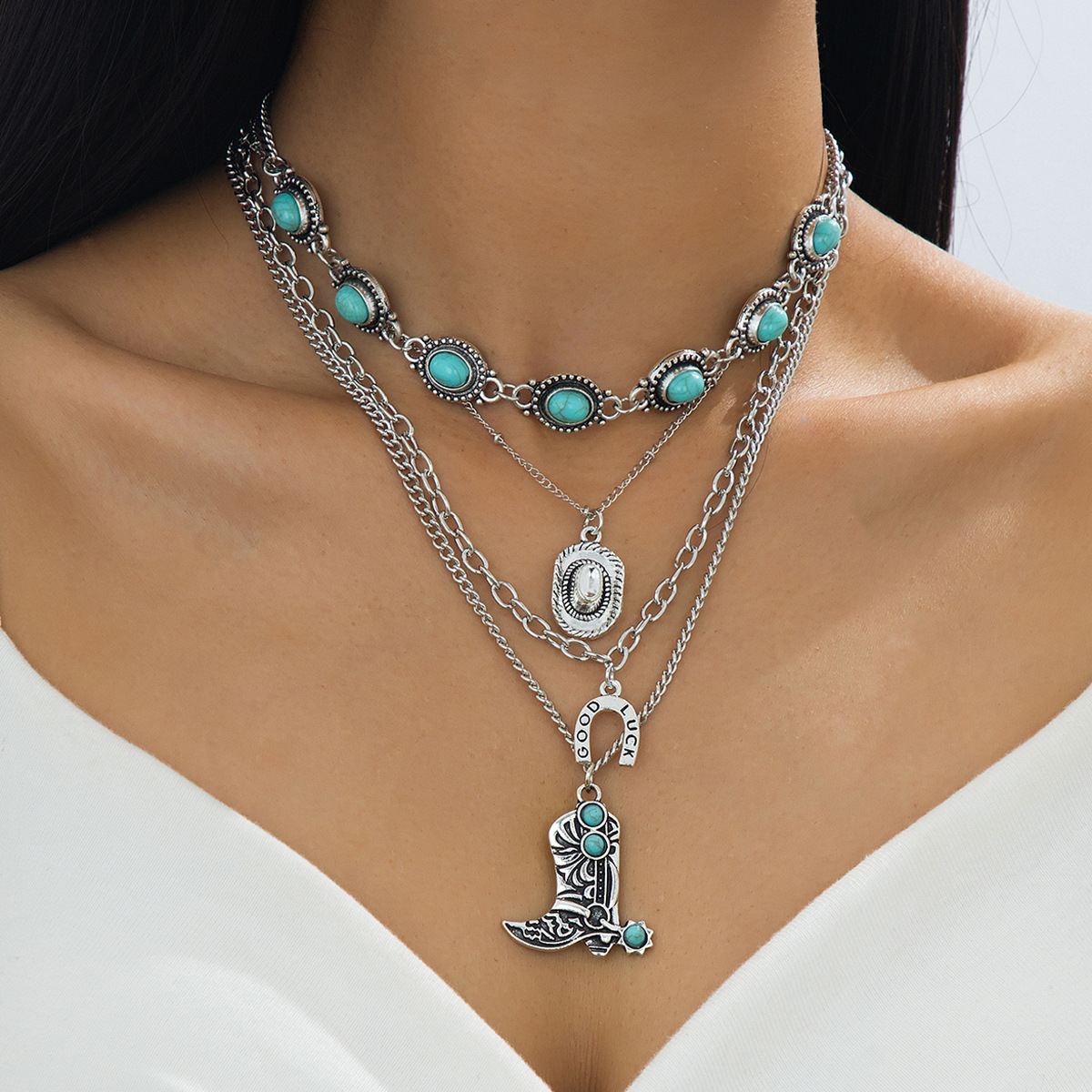 Vintage Western 4-Tier Layered Necklace with Faux Turquoise Stones & Cowboy Boot Charms, Adjustable Silver Tone Statement Choker for Women
