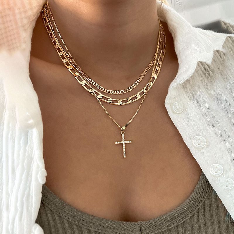 European and American jewelry mix cross chain collar personality full of diamond cross heart pendant multi-layer necklace HS823