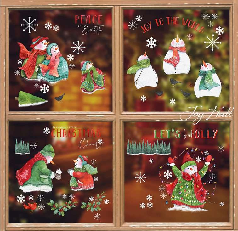Christmas Window Clings 4 Sheets Double Side Christmas Window Stickers Static Window Clings for Glass Window Snowman and White Snowflakes Window Decals for Christmas Home Decorations
