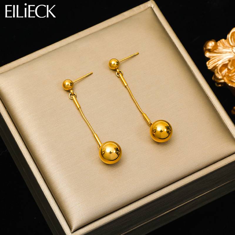 F927 Stainless Steel Ball Beads Long Pendant Earrings For Women Girl Fashion Gold Color Ear Drop Waterproof Jewelry Gift
