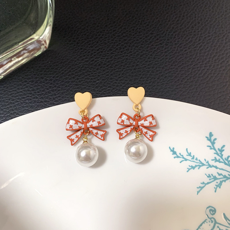 LE847 Heart Shaped Stud Earrings Bowknot Pearl Romantic Earrings for Women and Girls