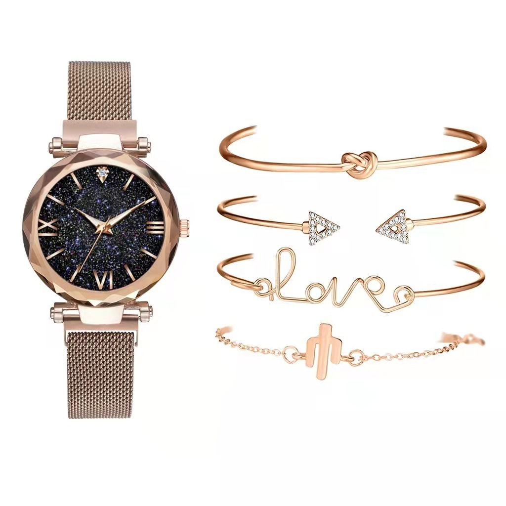 women's watch set of 5 elegant girls magnetic mesh strap design quartz watch