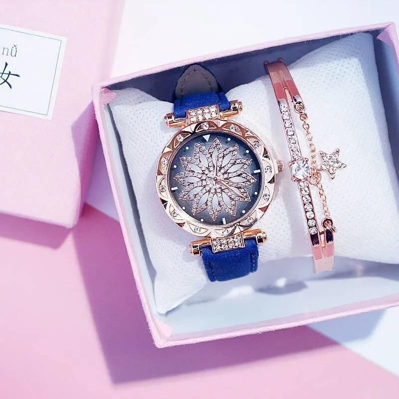 Luxury Diamond Women's Watch Crystal Watch Bracelet Set Women's Jewelry Casual Starry Sky Rose Gold Watch