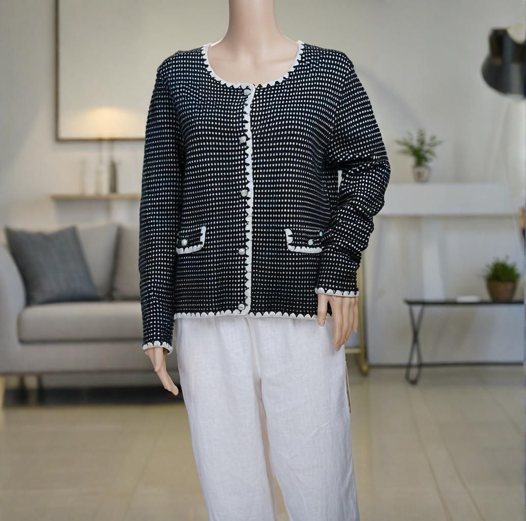 Wool Pearl Button Black and White Interwoven Round Neck Lace Trim Women's Cardigan Sweater