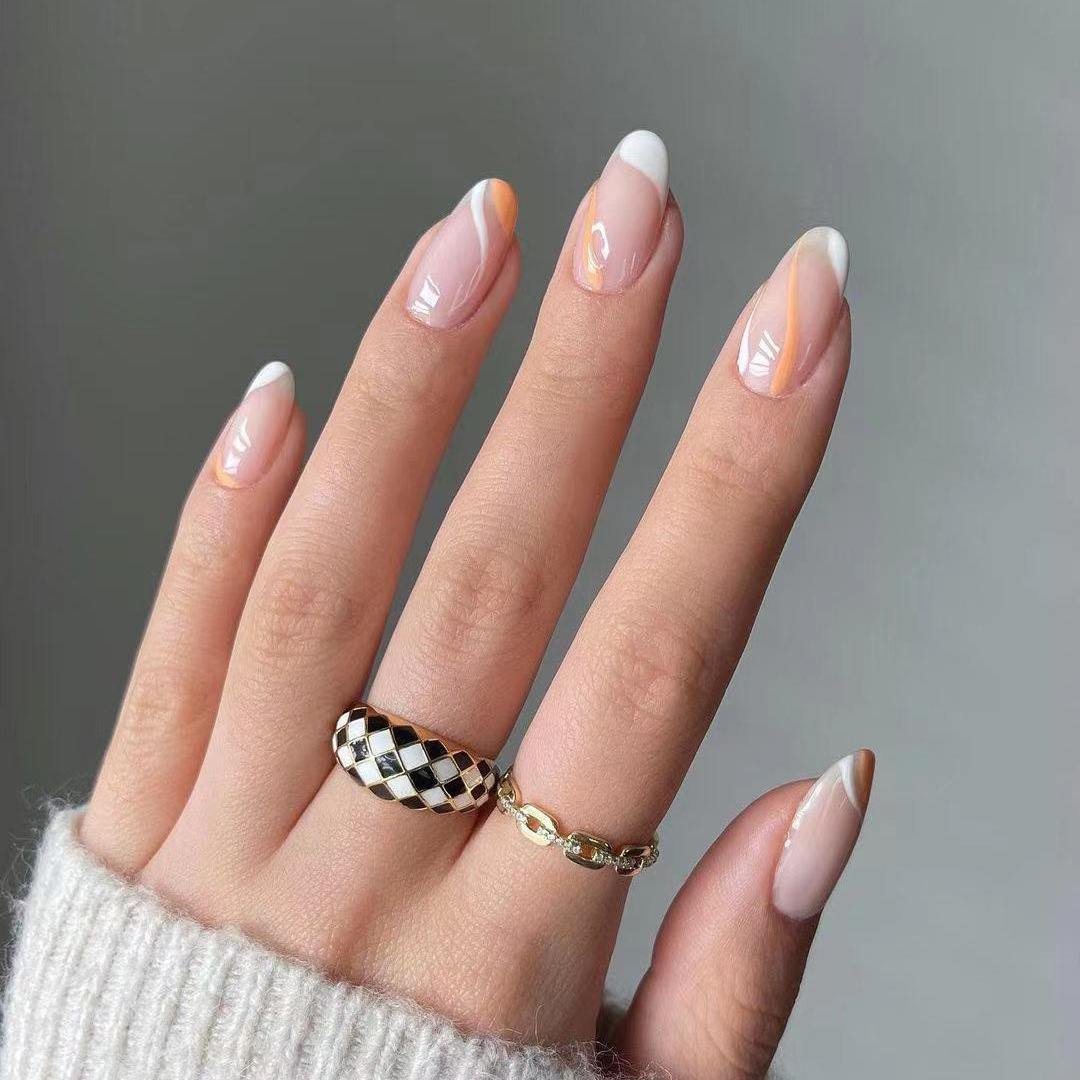 JP1350 24 Pcs Glossy Press on Nails, Medium Round French Fake Nails, Acrylics Full Cover False Nails for Women and Girls