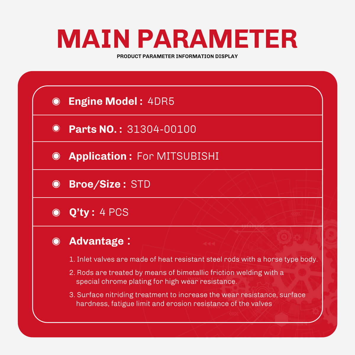 Engine valves 31304-00100 intake and 31304-00101 exhaust valves For engine valve 4DR5