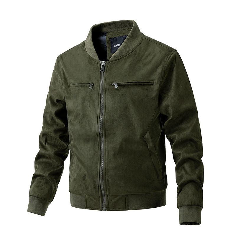 2025 Autumn & Winter New Men's Suede Stand-Collar Jacket, Double Zip Pocket Light Cotton Coat, American Casual Cross-Border Trendy Export Men's Wear
