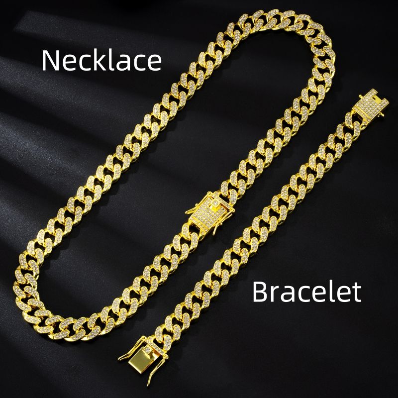 Classic 13mm Cuban chain, Bracelet,alloy full diamond, hip-hop style, gold-plated necklace, men's and women's bracelets free shipping 