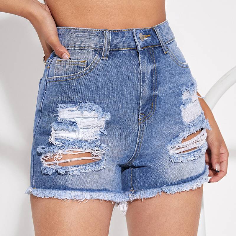 CL893-1 Women's Casual Denim Shorts Frayed Raw Hem Ripped Jeans Shorts