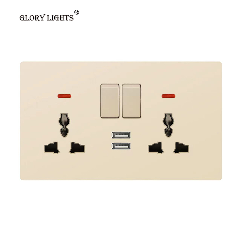 Glory Electric Double Socket With 2 USB, UK 13A Power Socket With 2 USB Port, Universal Wall Push Button Light Switch