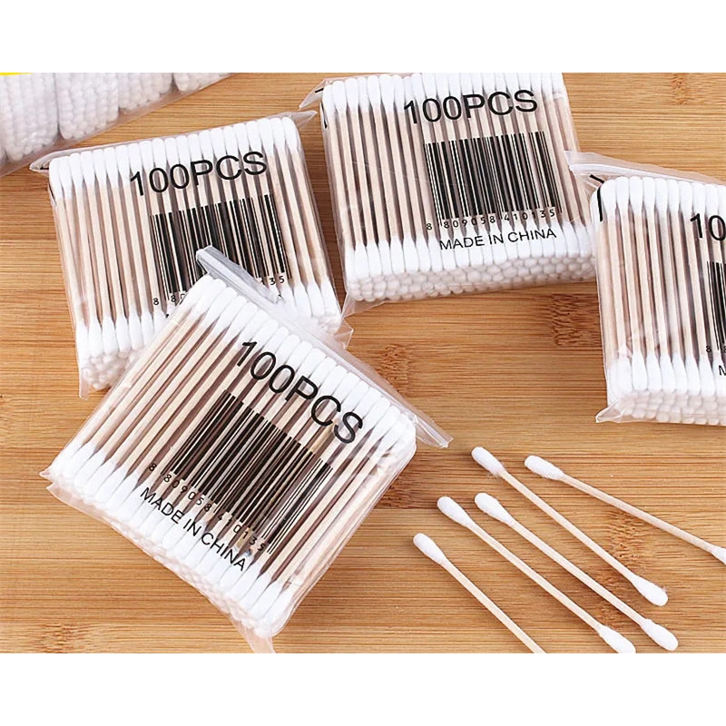300Pcs Cotton Swabs, Natural Double Round Cotton Tip Cotton Buds with Strong Wooden Sticks for Cruelty-Free Ear & Make up Use Wooden Cotton Sticks with Bag