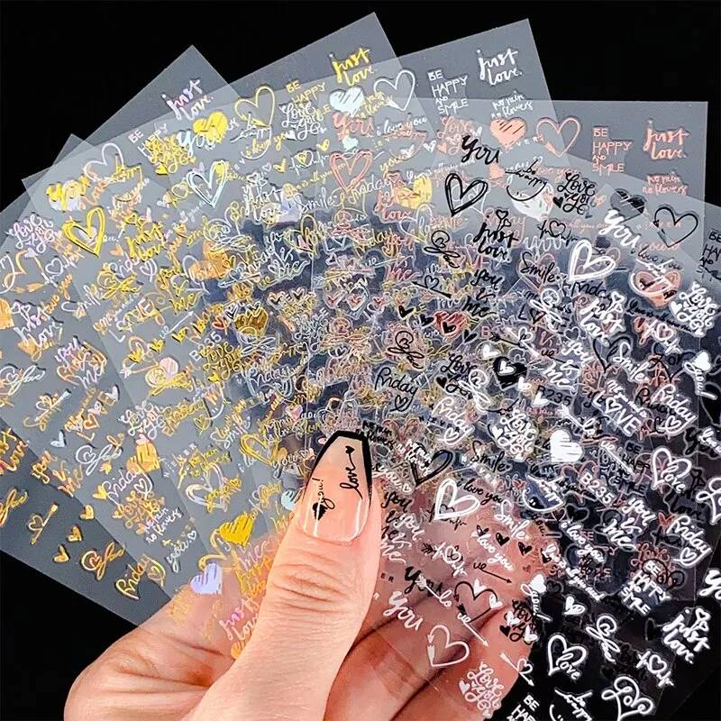 7Pcs/Pack Laser Gold Silver 3D Nail Art Stickers Love Heart Letter Image Nail Decoration Ins Style Sticker DIY Foils Accessories
