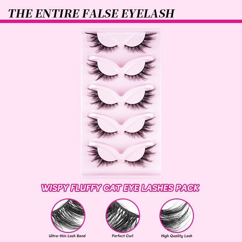 5 Pairs Slanted Winged Fox Eye False Eyelashes Natural Dense Curly Wispy Soft Imitation Mink Fiber Cat Eye Strip Lashes Reusable Eye Makeup Lashes For Daily Dating Portrait Shooting Cross-border Beauty