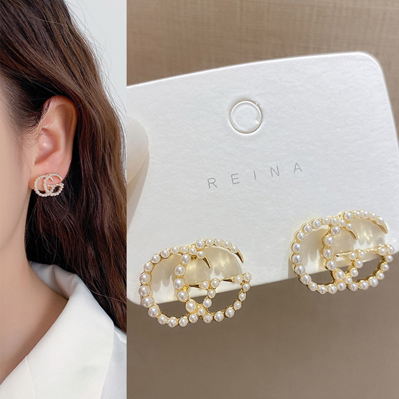 S925 Silver Needle Simple Fashion Stud Earrings Temperament Han Fan C Letter Earrings Sweet Pearl Ear Jewelry Earrings