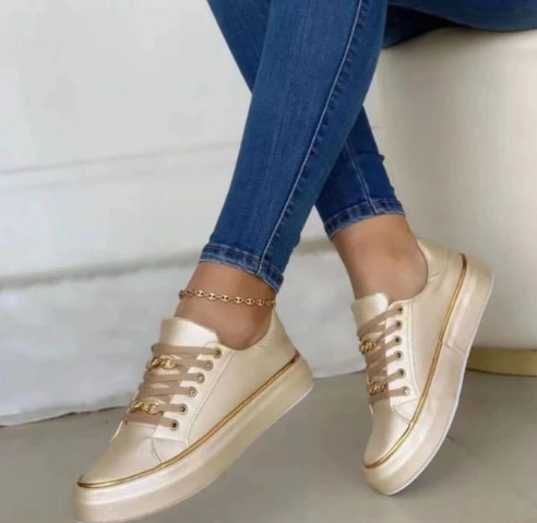 Large-size Europe and the United States thick sole chain sports wind low-top single shoes for women leather front lace-up set feet casual single shoes 2097