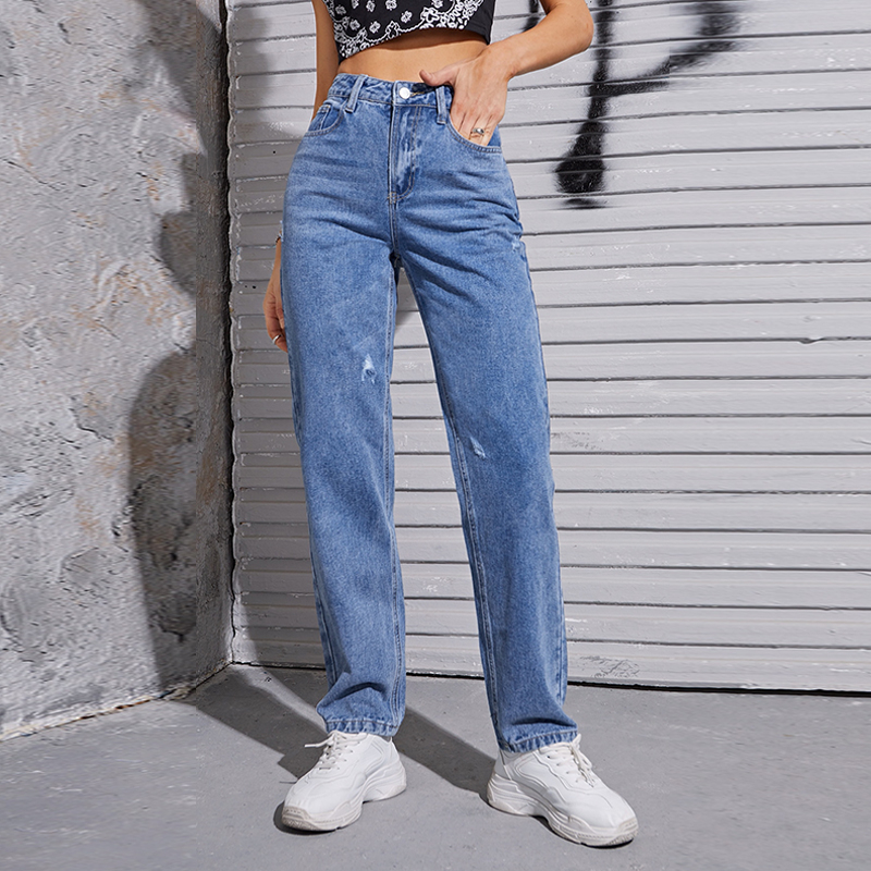 CL874-1 Women Ripped Jeans Straight Leg Denim Pants