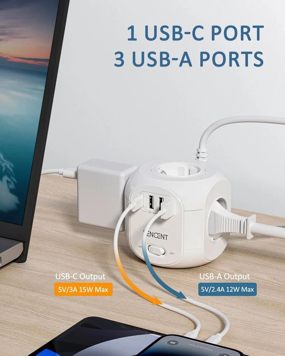 EU Plug Power Strip with 4 AC Outlets 3 USB Port 1 Type C 2M/3M Braided Cable Multi Socket with Switch for Home