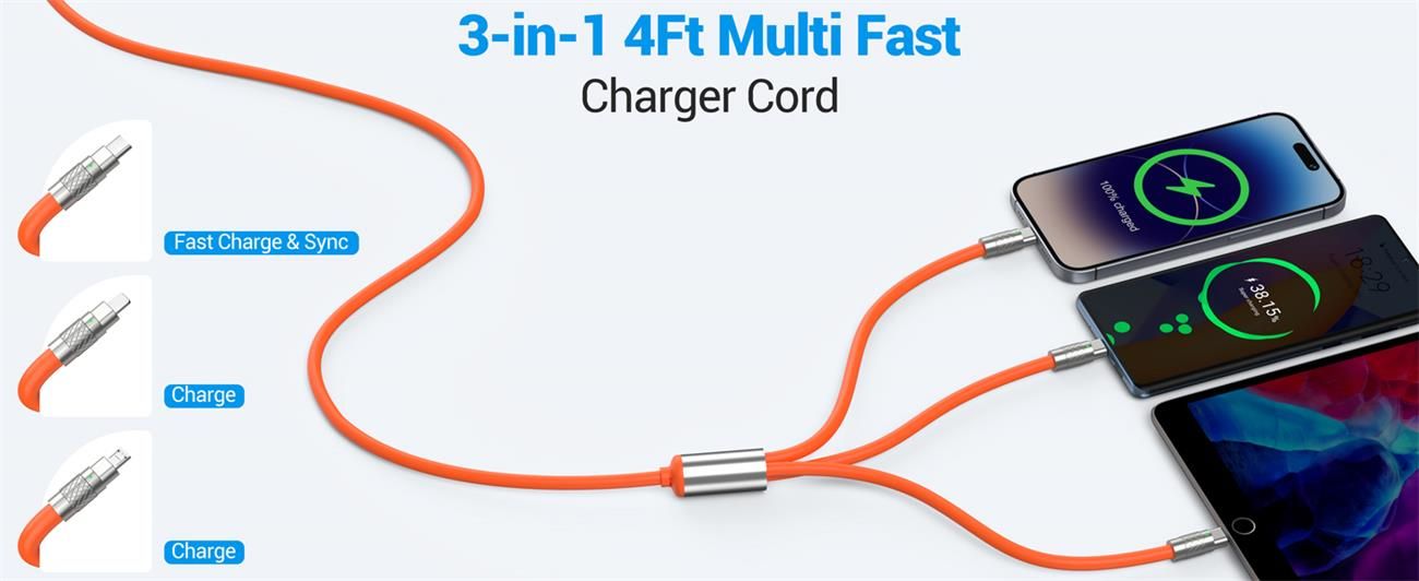 Multi Charging Cable, 3 in 1 Charger Cord, 120W USB-C Fast Charge, 4ft Multiple USB Cable Universal Charging Cord with iOS/Type-C/Micro USB, for Phones, iPad, MacBook