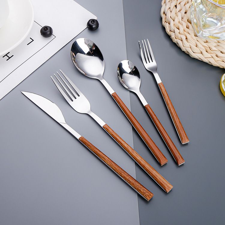 Portable 304 Stainless Steel Tableware Set, 5-Piece High-End Wood-Like Handle, Western Steak Knife Fork Dessert Spoon for Home & Outdoor