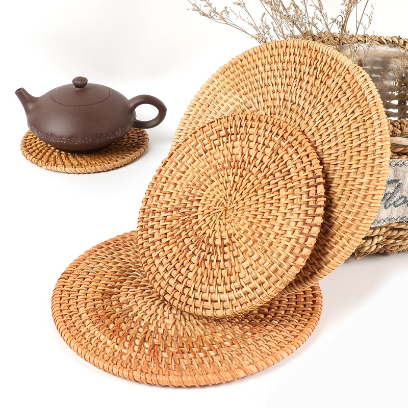 1773 Handmade Natural Rattan Coasters - Round Straw Woven Trivet for Teacup, Wicker Heat Resistant Plate Pad for Hot Pots and Pans, Non-Slip 6 Sizes Coasters