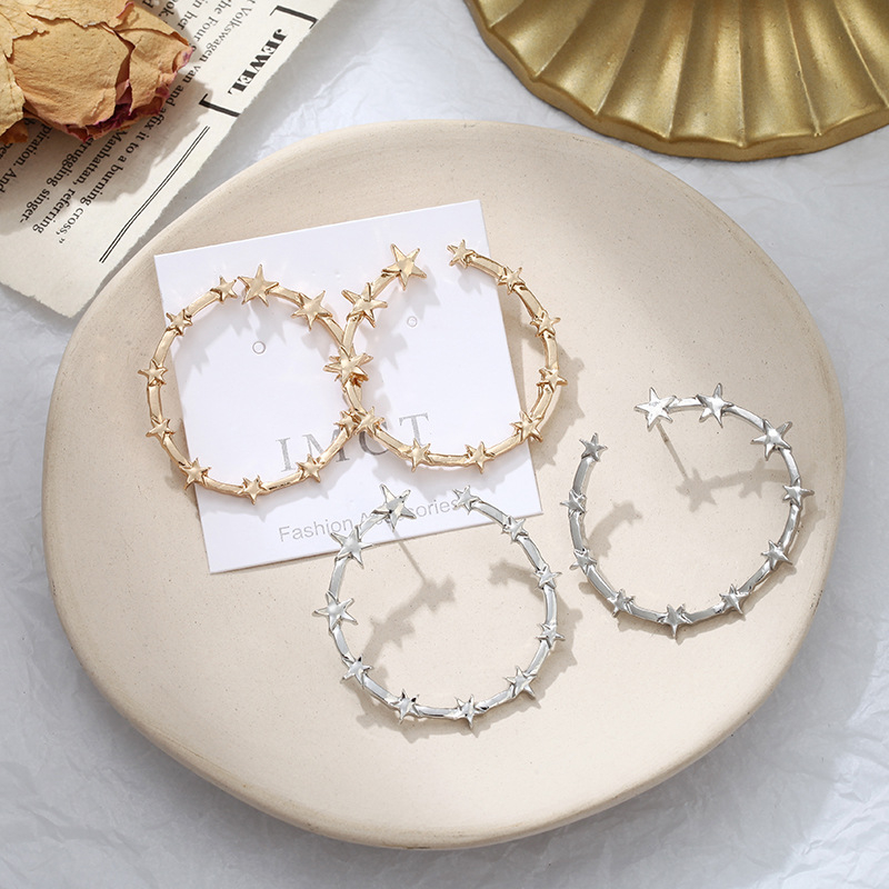 e0193 Gold Plated Star Decor Hoop Earrings