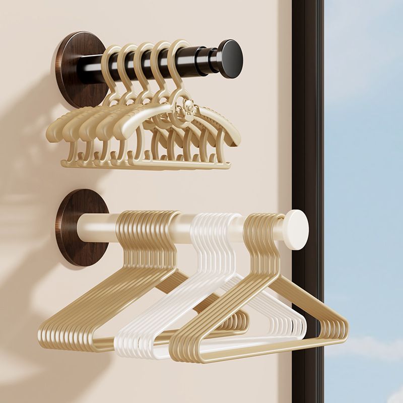 Wood Grain Telescopic Wall Mount Clothes Hanging Rack Punch Free Self Adhesive Retractable Garment Storage Organizer Multi-Functional Household Hanger Holder For Balcony Entryway Bedroom Laundry Room