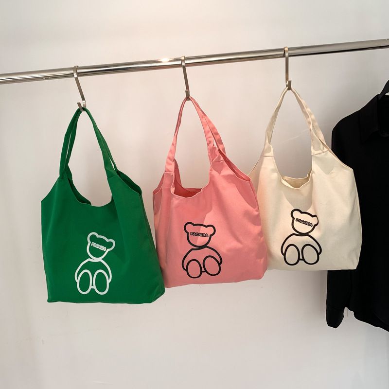 6952 Cute Bear Towel Cotton Tote Bag Reusable Large Capacity Student Canvas Shoulder Shopping Bag