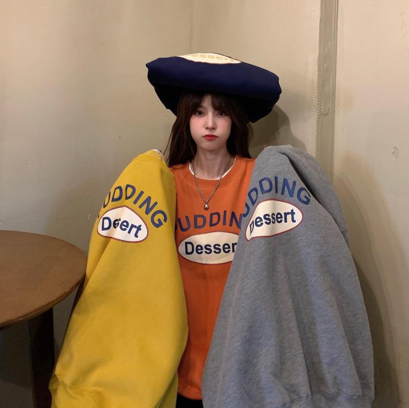 Women's Spring and Autumn New Crewneck Orange Top Loose Thin Letter Top
