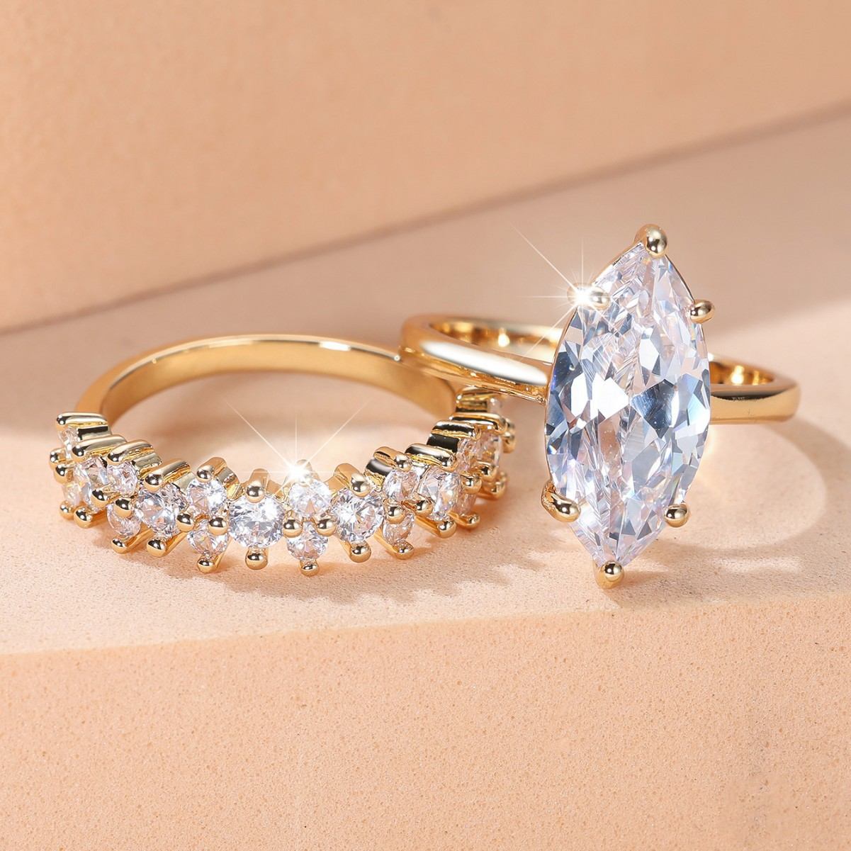Gold Plated Marquise Cut CZ Ring Set, 2Pcs Stackable Solitaire & Eternity Band for Women, Clear White Diamond Simulant Rings in Multiple Sizes
