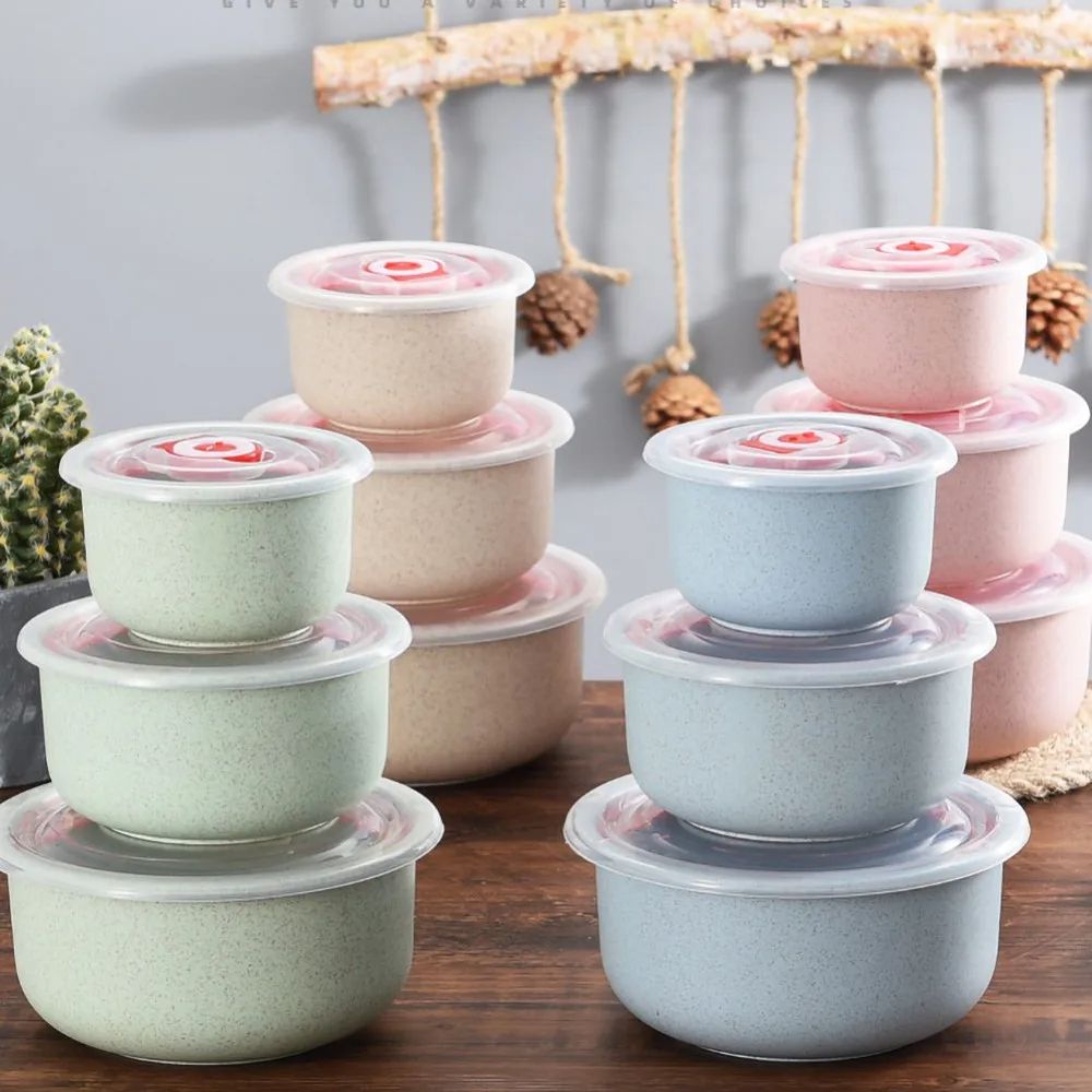 3PCS/Set Wheat Lunch Bowl Box Round Lunch Box With Lid Can Be Microwave Sealed Bowl Kitchen Supplies Storage Box
