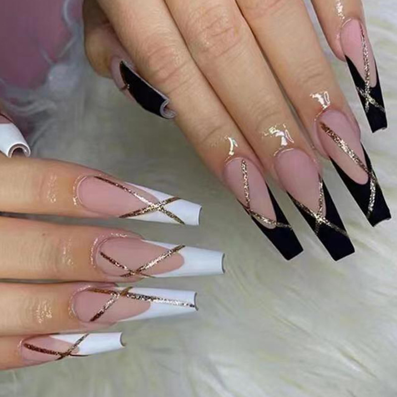 W124 24 Pcs Matte Press on Nails,Super Long Coffin French Contrast Color Glitter Line Fake Nails, Full Cover Artificial False Nails for Women and Girls