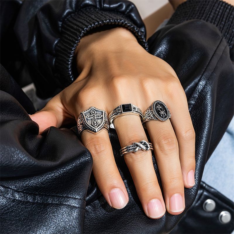 04254 4 Piece Set Men's Vintage Rings | Man Alloy & Silver | Male Hip-Hop Jewelry | Retro Men Accessories | Fashion Ring