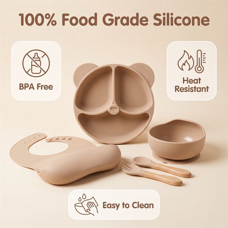 5‑Piece Food‑Grade Silicone Baby Feeding Set, Bear‑Shaped Divided Suction Plate, Suction Bowl, Silicone Bib, Wooden Handle Fork Spoon, BPA‑Free Heat‑Resistant Toddler Tableware for Baby Self‑Feeding Daily Meal Use