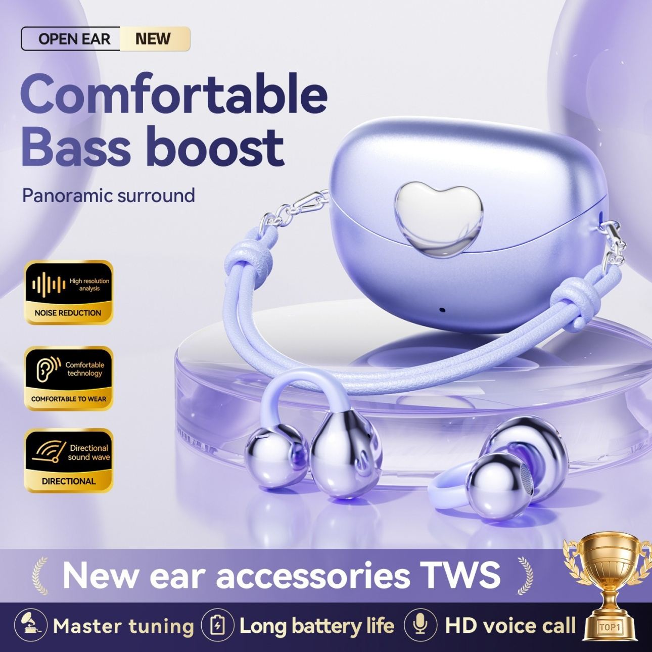 M106 Love Design OWS Over-Ear Bluetooth Headphones, featuring a fashionable heart-shaped appearance and an open ear-cup structure. They support long-lasting music playback and calls. They can be used as a fashionable accessory and are easy to store and put in a bag.