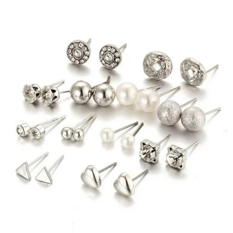 12 Pairs/Set Exquisite Gril Earrings Heart-Shape Diamond Pearls Ear Studs Women Jewellery Kit  Gift Jewelry 