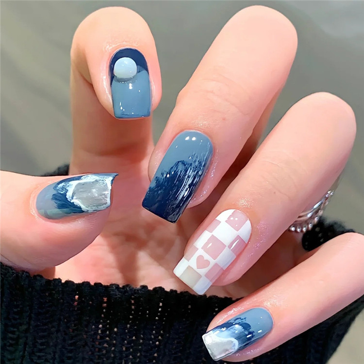24pcs Small Floral Printed False Nails Patch Glue Type Short Paragraph Fashion Manicure Natural Artificial Ballerina Fake Nails christmas gift nails Green