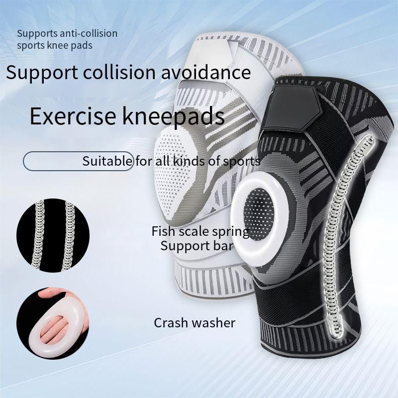 Fish Scale Spring Support Anti-Collision Knee Sleeve, Adjustable Strap Compression Shock Absorb Patella Protector, Breathable Knitted Sports Knee Guard For Basketball Cycling Hiking Running Outdoor Training, M/L/XL/XXL Sizes Black-Grey White-Grey, Custom Logo OEM ODM Available
