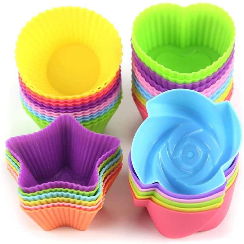 Silicone Cupcake Liners Reusable Baking Cups Nonstick Easy Clean Pastry Muffin Molds 4 Shapes Round, Stars, Heart, Flowers, 24 Pieces Colorful