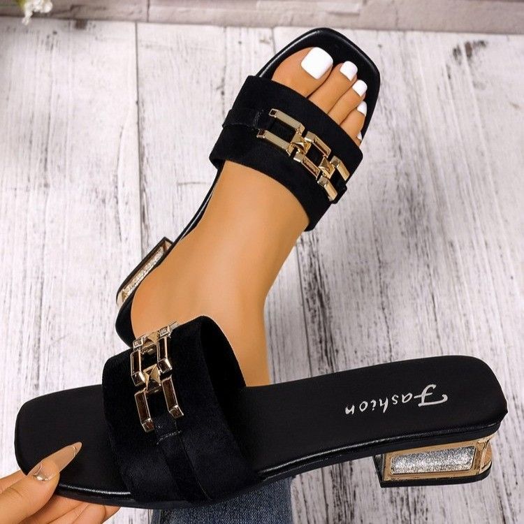 2025 Summer Square Toe Chunky Heel Mules Women's Large Size Chain Decor Low Heel Slide Sandalsblack