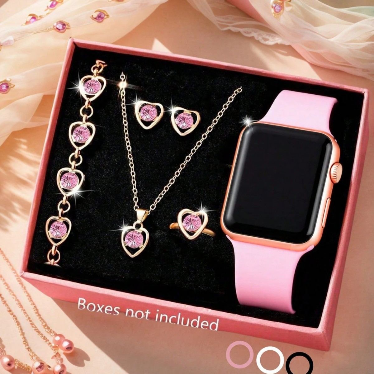 New Arrival Minimalist Square Dial Watch Set, elegant 4-in-1 jewelry set includes quartz watch, heart pendant necklace, stud earrings and adjustable ring. Adopts delicate heart rhinestone inlay design, presenting low-key luxury and mature charm