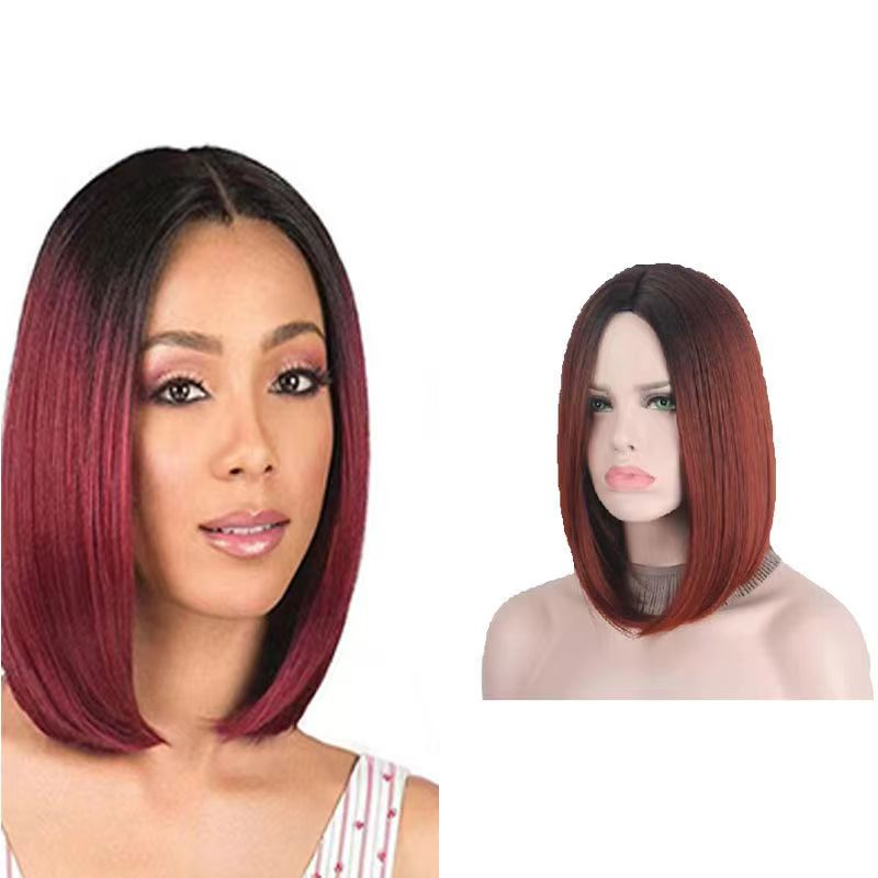 Cozy Cottage Wig ladies black gradient wine red middle part bobo bob, festival performance  daily wig 35cm