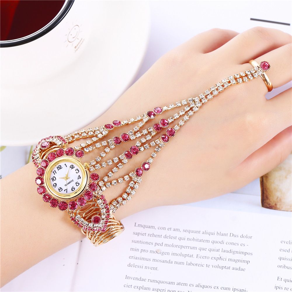 Glamorous Full Rhinestone Claw‑Chain Ring and Watch Jewelry Set, Sparkling Stone‑Encrusted Design, Elegant Quartz Wristwatch With Matching Claw‑Chain Ring Ornament, Eye‑Catching Kit for Party