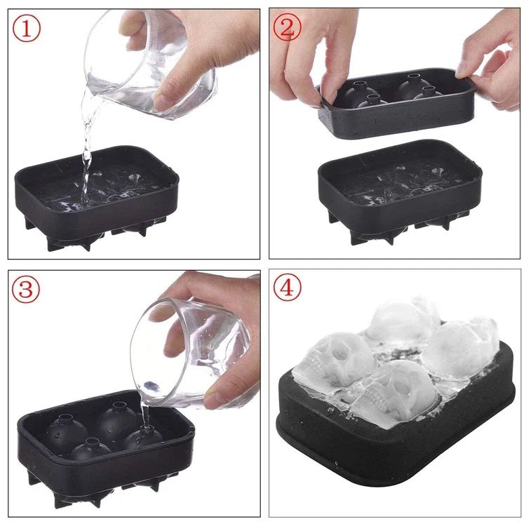 3D Skull Ice Cube Tray, Silicone Ice Maker Molds with Funnel, 4 Cavity Ice Cube Tray for Ice Cream & Party