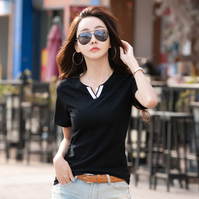 Al202303025001 Women's Summer New Fashion V-Neck Short Sleeve Solid Color Fit T-Shirt