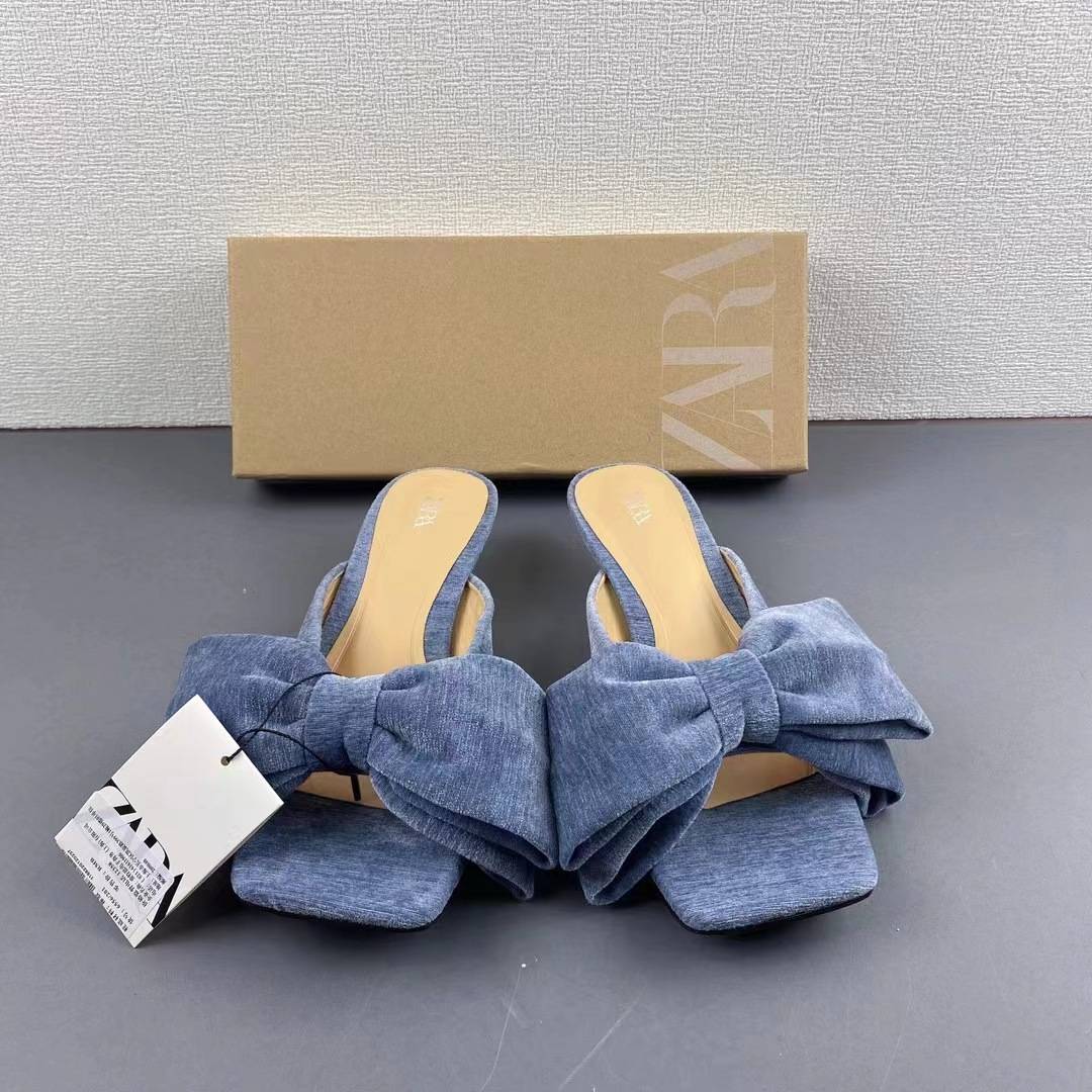 Xi Shi velvet big bow square head open toe low heels thin heels wearing slippers