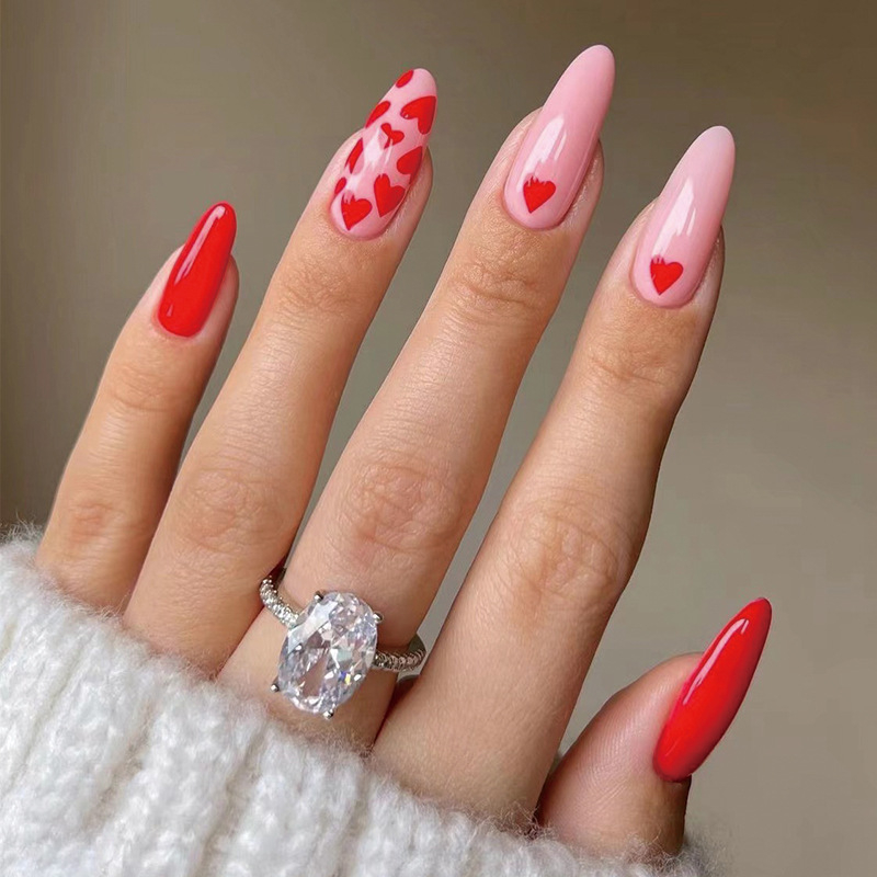 JP1785 24 Pcs Glossy Press on Nails, Medium Stiletto Love Hearts Print Fake Nails, Acrylics Full Cover False Nails for Women and Girls