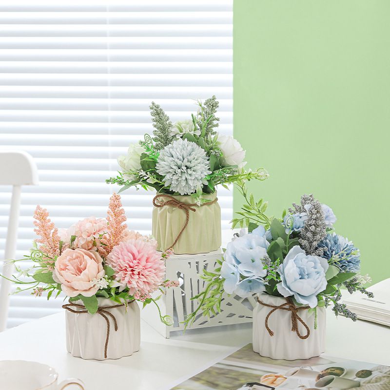 FZH052 Potted Flowers Pink, Small Ceramic Vase Fake Flower Plants Desktop Decoration Indoor for Home and Office, Faux Flowers Hydrangea Decora for Table,Bookshelf,Bedroom,Living Room,Party.